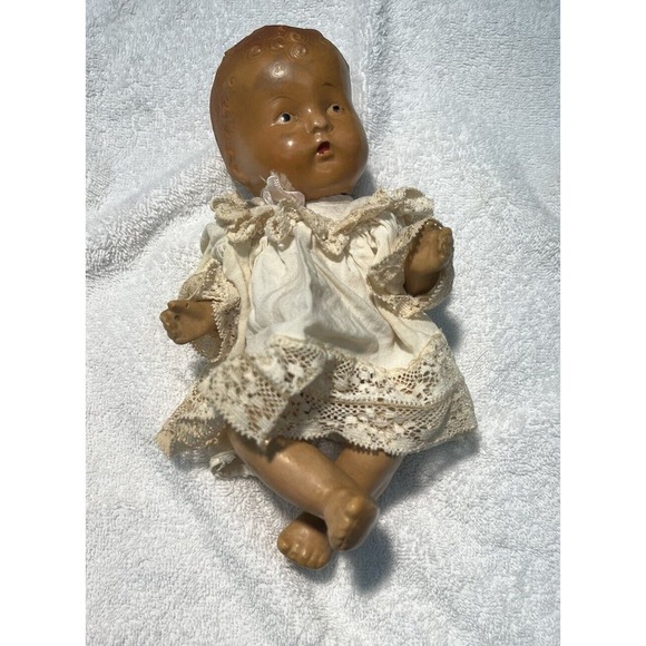 Antique 30s Composition RubberBand Doll 9" in size- original Dress -rareFragile - Picture 1 of 16